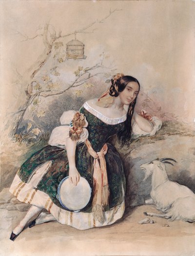 埃斯梅拉达（马里乌斯-佩蒂帕（1818-1910 年）芭蕾舞剧中的芭蕾舞女演员，改编自维克多-雨果（1802-1885 年）的《巴黎圣母院》），作者 Pyotr (Piotr) Fyodorovich Sokolov（皮埃尔-索科洛夫）（1791-1848 年），纸面水彩、水粉、白色和金色。艺术 作者 彼得·费奥多罗维奇·索科洛夫