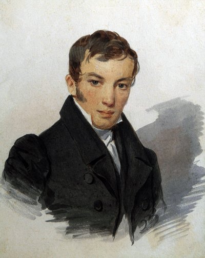 俄罗斯诗人瓦西里-茹科夫斯基（1783-1852 年）肖像。Oeuvre de Piotr (Pyotr) Fiodorovitch Sokolov (Pierre Sokolov) (1791-1848), vers 1820. Aquarelle sur papier.圣彼得堡，A. 普希金纪念博物馆 作者 Pyotr Fyodorovich Sokolov