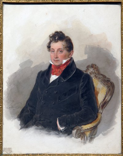 Portrait du decembriste (ou decabriste) Mikhail Vielgorsky (1788-1856)。(十二月党人 M. Vielgorsky 的肖像）。Oeuvre de Pyotr (Piotr) Fyodorovich Sokolov (Pierre Sokolov) (1791-1848), aquarelle sur papier, vers 1840.俄罗斯十九世纪艺术，浪漫主义。 作者 彼得·费奥多罗维奇·索科洛夫