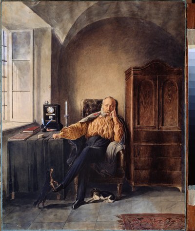 退休。(一个人独自在书桌前沉思）。Pyotr (Piotr) Petrovich Sokolov（1821-1899 年）的作品，纸上水彩和白描 作者 彼得·费奥多罗维奇·索科洛夫