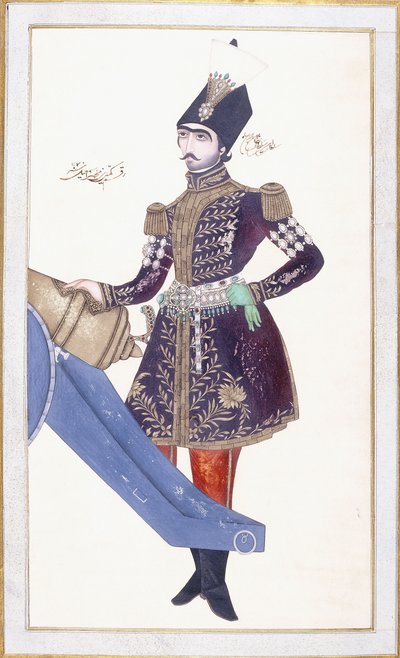 纳西尔·丁·沙阿（Nasir al-Din Shah）肖像，手握在大炮上，c。 1853-4 作者 卡贾尔学校