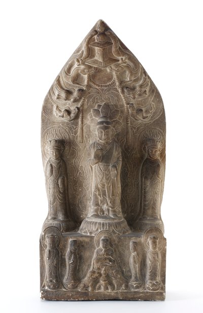 在莲花垫座的安心的佛教三位一体在尖的背景前 作者 Qing Dynasty Chinese School
