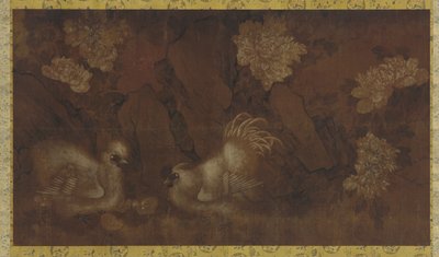 牡丹灌木附近的公鸡，母鸡和鸡（丝绸面板上的墨水和颜色） 作者 Qing Dynasty Chinese School