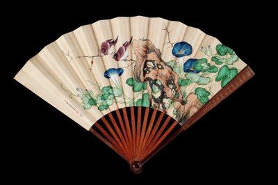 扇子装饰着小鸟和牵牛花（纸上的墨水和颜色） 作者 Qing Dynasty Chinese School