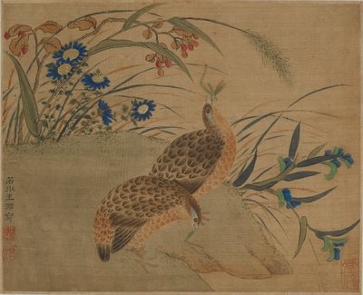 吃蚂蚱的两只鹌鹑在花下 作者 Qing Dynasty Chinese School