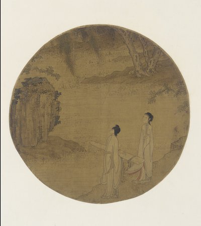 两个女人用琴（古筝） 作者 Qing Dynasty Chinese School