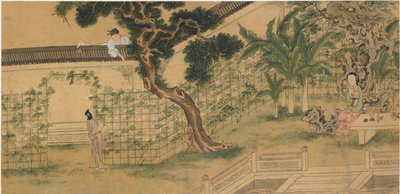 王实甫十六世纪戏剧《西厢记》中的场景。 作者 仇英