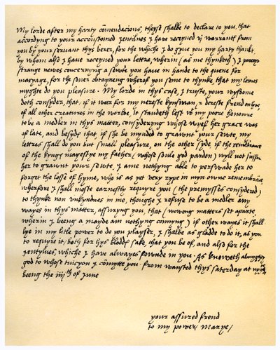 1547年6月4日，玛丽一世女王给苏德利西摩勋爵的信。 作者 玛丽皇后我