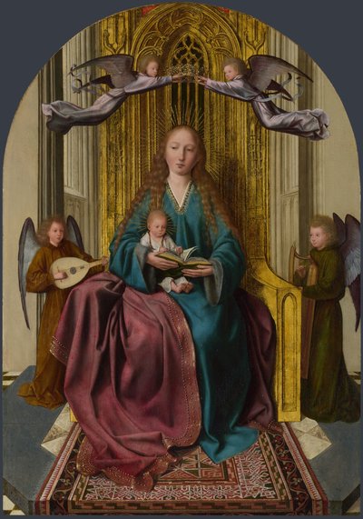 处女和儿童登基，有四个天使，c。 1495 作者 Quentin Massys 或 Metsys