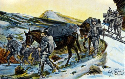 第一次世界大战：1915年，一群意大利阿尔卑斯山猎人带着他们的骡子在认人。Quinto Cenni（1845-1917）的插图 作者 昆图森尼
