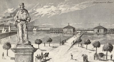 纪念意大利政治家和爱国者朱塞佩-加里波第（1807-1882）的纪念碑，背景是浴场，意大利切塞纳蒂科。 作者 昆图森尼