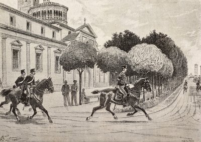 骑马的士兵在意大利萨隆诺的Beata Vergine dei Miracoli圣殿前经过，根据Quinto Cenni的画作雕刻，出自《意大利画报》，第12年第38期，9月20日 作者 昆图森尼
