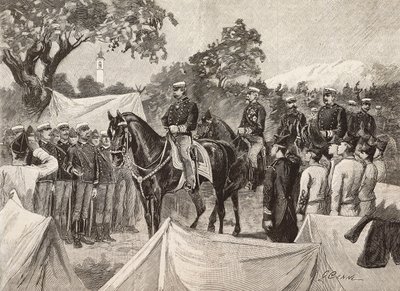 9月11日，意大利国王翁贝托一世（1844-1900）与一些军官在参观军营时。 作者 Quinto Cenni