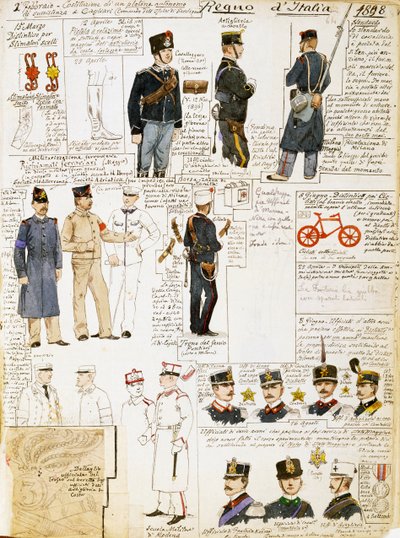 1898年意大利王国的制服，板块来自Cenni Codex，水彩军事素描集。 作者 昆图森尼