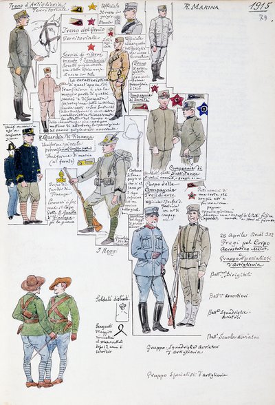 1915 年意大利王国的制服，来自 Cenni Codex 的版画，水彩军事素描集 作者 昆图森尼