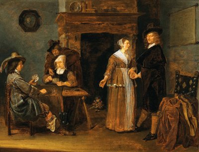 德语："Lockere Gesellschaft"，牌桌旁的两女三男 室内有玩牌者 作者 Quirijn van Brekelenkam