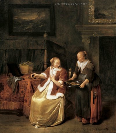 内景：一名年轻女子和一名女仆端着一盘鱼 作者 Quirijn van Brekelenkam