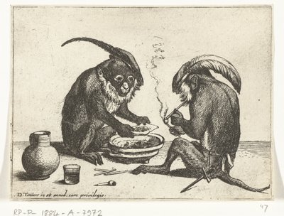两只猴子抽烟斗
猿猴表现人类生活的各种行为（系列标题）
世界上的猴子游戏（系列名称） 作者 大卫·特尼尔斯 (II)