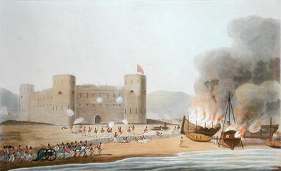 对卢夫特堡的攻击，1809年11月27日，摘自《波斯湾十六景，1809-10年拍摄，说明从孟买出发的远征部队的行动》，由I.克拉克雕刻，出版日期为1809年11月27日。 作者 R.（之后）圣殿