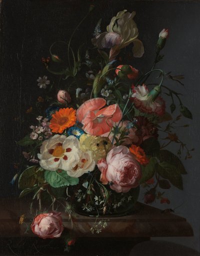 大理石桌面上的花朵静物画 作者 Rachel Ruysch