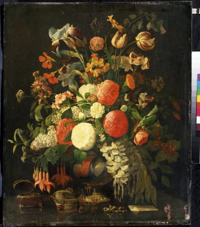 “花束”（鲜花） 桌子上放着首饰盒。 Rachel Ruysch (1664-1750) 的绘画 18 世纪 Mikhail Kroshitsky 艺术博物馆，塞瓦斯托波尔 (塞瓦斯托波尔) 乌克兰 作者 雷切尔·鲁伊什