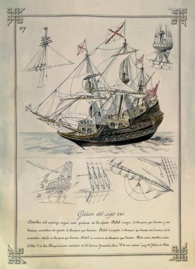 19 世纪绘图中的 17 世纪 GALEON 作者 拉斐尔·蒙莱昂和托雷斯