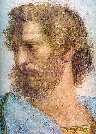 亚里士多德。 Stanza della Segnatura。雅典学院详细资料，1509-1511 作者 拉斐尔（Raffaello Sanzio Raphael）