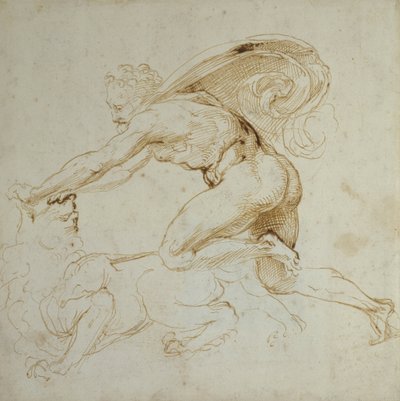 赫拉克勒斯压倒狮子（白纸上的钢笔和棕色墨水） 作者 拉斐尔（Raffaello Sanzio Raphael）