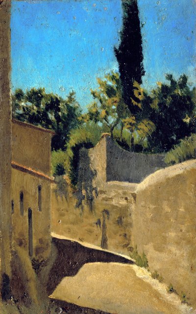 具有阳光效果的道路。佛罗伦萨周边环境，约 1861-62 年（纸板油画） 作者 拉斐尔·塞内西（Raffaello Sernesi）