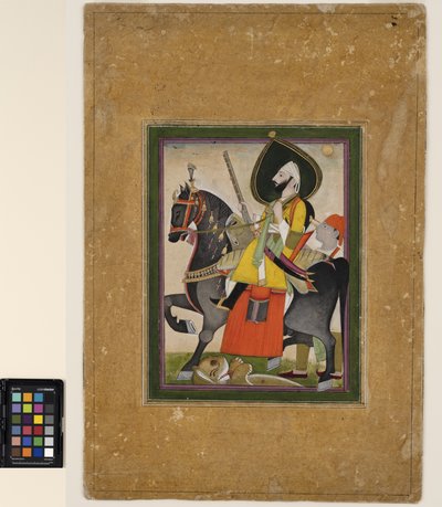 巴赫塔瓦·辛格（Bakhtawar Singh）征服了一只狮子，约1800年（纸上的不透明水彩和金色） 作者 拉贾斯坦学校