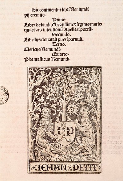 Ramon Llull（1235-1315）手抄本“De Laudibus Beatissimae Virginis Mariae”的页面，描绘了两只狮子拿着印刷商 Jehan Petit 的徽章 作者 拉蒙·鲁尔（Ramon Llull）