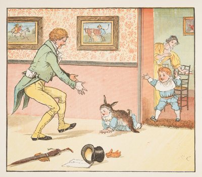 兔皮包裹的婴儿彩旗，来自 The Hey Diddle Diddle 图画书，pub.1882（彩色雕刻） 作者 伦道夫·卡尔德科特