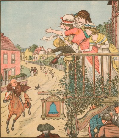 约翰·吉尔平（John Gilpin）飞奔经过贝尔旅馆（Bell Inn），他的妻子和孩子们从阳台上摇曳而出，1878年，创作于1918年。 作者 伦道夫·卡尔德科特