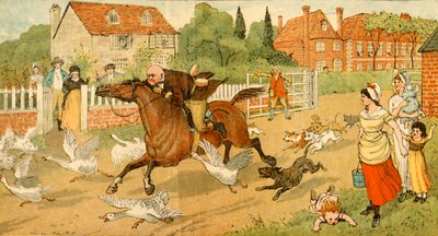 约翰·吉尔平（John Gilpin）在一个村庄疾驰，1878年，建于1918年。 作者 Randolph Caldecott