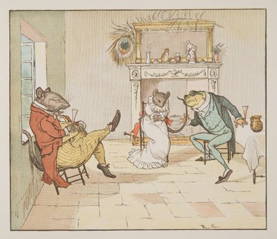 “祈祷，青蛙先生，你会给我们一首歌吗？”，来自 The Hey Diddle Diddle 图画书，pub.1882（彩色雕刻） 作者 伦道夫·卡尔德科特
