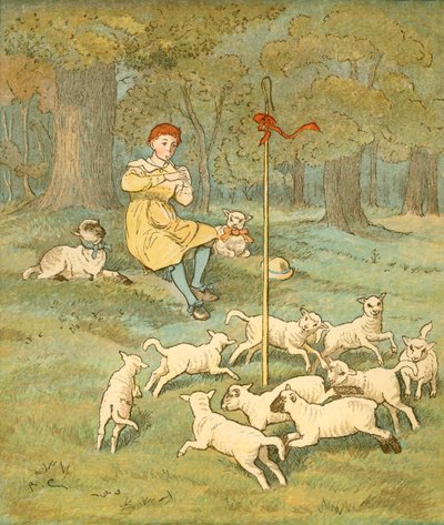 农夫男孩吹着烟斗，小羊在他的牧羊人的拐杖周围跳舞，c1881。 作者 Randolph Caldecott