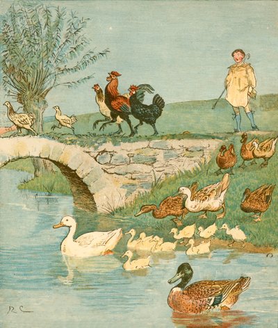 有鸡和鸭的农夫男孩，c1881。 作者 Randolph Caldecott