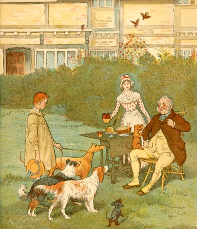 农夫男孩和他的主人狗，c1881。 作者 Randolph Caldecott