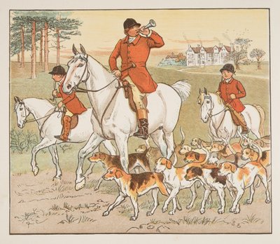 The Huntsman Blows his Horn，来自 The Hey Diddle Diddle 图画书，pub.1882（彩色雕刻） 作者 Randolph Caldecott
