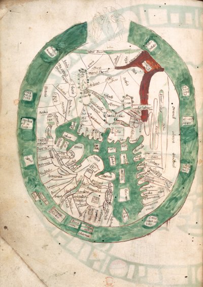 世界地图》，第 2v 页，选自《多纪事》，约 1400 年（牛皮纸） 作者 拉夫·希格登