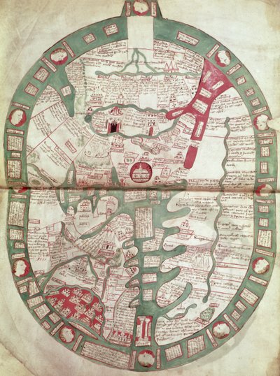 Roy.Ms.14 C. f.1 1v-2r 以耶路撒冷为中心的世界地图，Polychronicon，约 1380 年（牛皮纸） 作者 拉夫·希格登