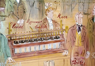 La Fee Electricite，细节：英国外科医生安东尼-卡莱尔和英国化学家汉弗莱-戴维的肖像。1937 年（绘画） 作者 拉乌尔·杜菲