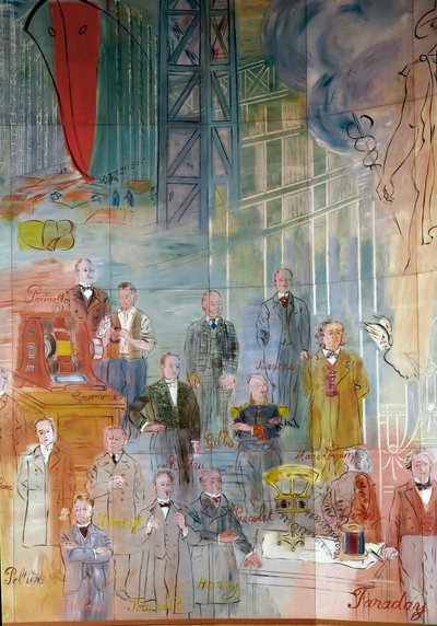 La Fee Electricite，细节：不同知识分子和科学家的肖像：Antonio Pacinotti、Zenobe Gram、Josiah Willard Gibbs、Charles Algernon Parsons、Marc Seguin、Auguste Camille Rateau、Jean Victor Celet 和 Michael Faraday。1937 年（绘画） 作者 拉乌尔·杜菲