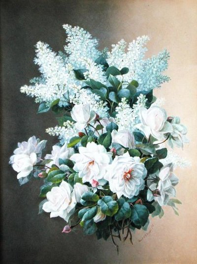 丁香花和玫瑰，约1900年（纸上水粉画） 作者 拉乌尔·德·朗普雷