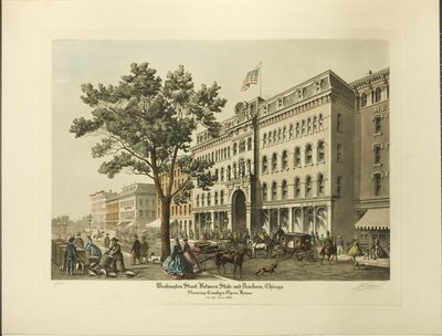 芝加哥州和迪尔伯恩之间的华盛顿街，显示 1864 年的克罗斯比歌剧院 作者 拉乌尔·瓦林