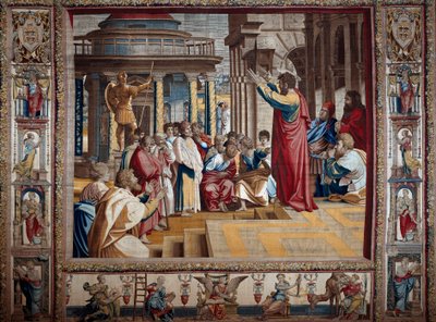 使徒圣保罗在拉斐尔·桑齐奥·拉斐尔（Raffaello Sanzio dit Raphael，1483-1520 年）在 16 世纪初的纸板上作画后，在 Athenes Tapestry 的空中布道。 4,95x6,45 m Mantua, ducal palazzo (Mantua) 作者 after Raphael
