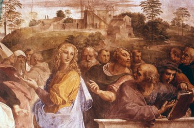文艺复兴时期意大利艺术家拉斐尔的壁画 "圣事之争 "细部 作者 Raphael (1483 1520)