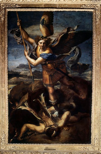 Saint Michael defeating the dragon or the great Saint Michael Painting by Raffaello Sanzio dit Raphael (1483-1520) 1518. Sun 2,68x1,6 m Paris musee du Louvre 作者 拉斐尔