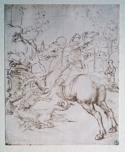 圣乔治与龙 - 素描，约 1505 年 作者 拉斐尔