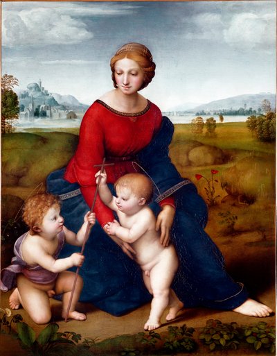 拉斐尔（Raffaello Sanzio 1483-1520）1506年创作的《草原上的圣母》（The Virgin in the Prairie or Madonna of the Belvedere）太阳。113 X 88厘米 维也纳艺术史博物馆 作者 拉斐尔